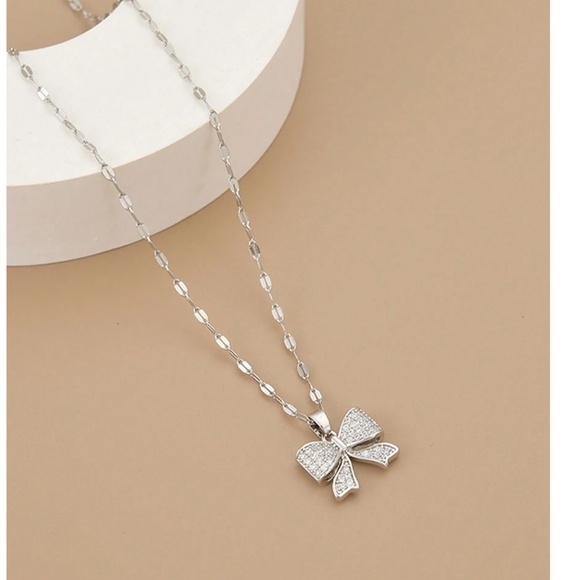 Dainty Stainless Steel Rhinestone Bow Necklace - Picture 5 of 5